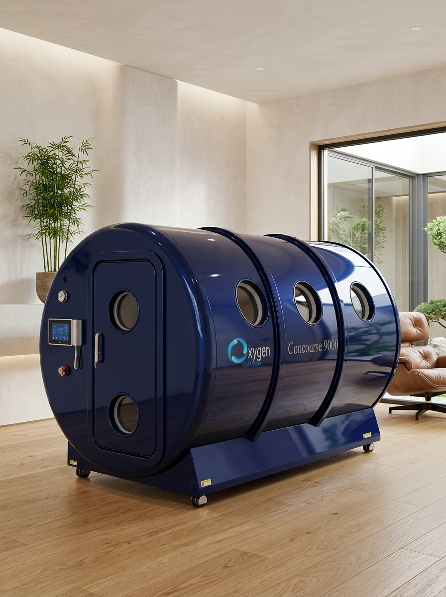 Oxygen Health Systems Concourse 9000 ocean-blue hyperbaric chamber in a modern wellness room