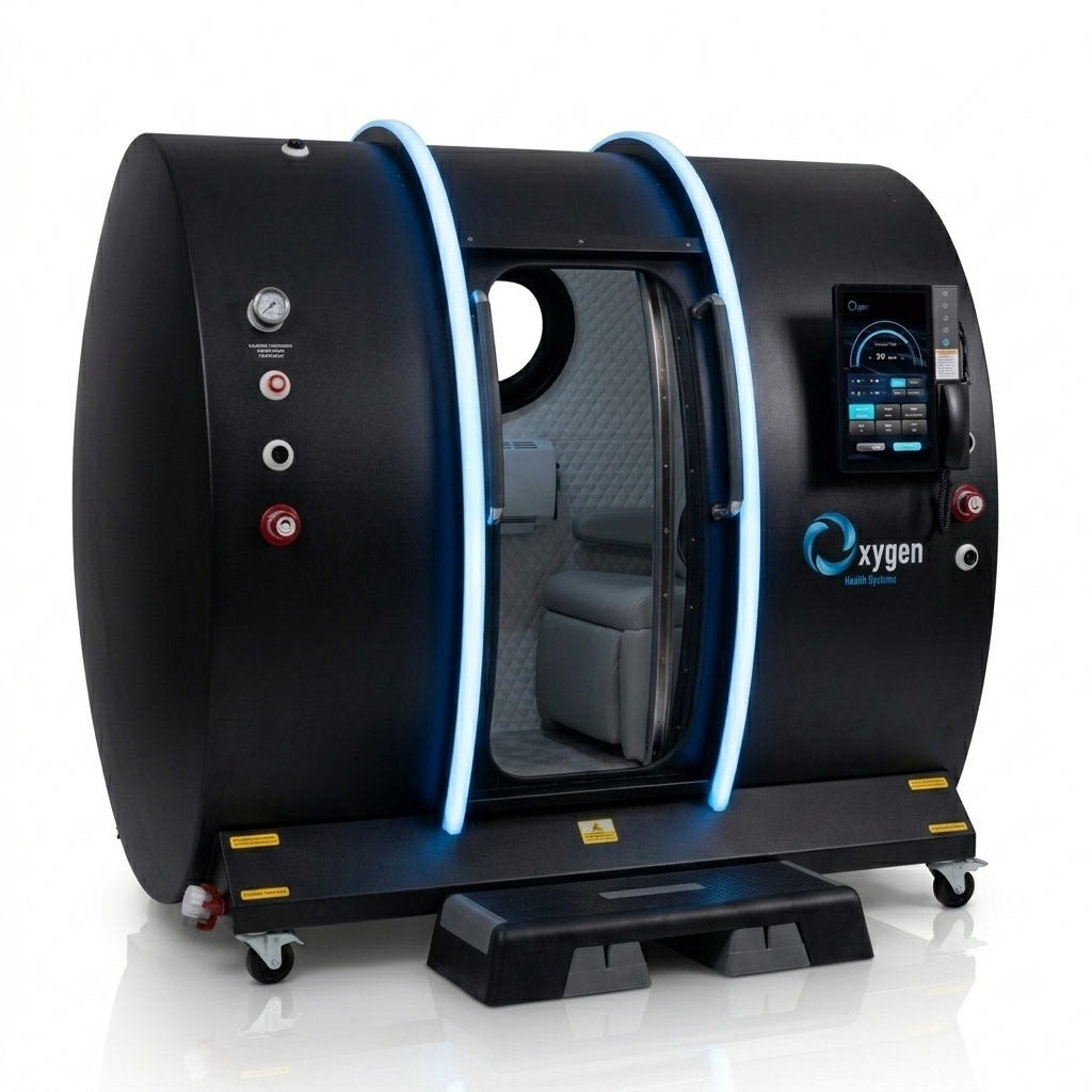 Oxygen Health Systems 40D matte-black hyperbaric chamber with blue LED accents and an open padded interior