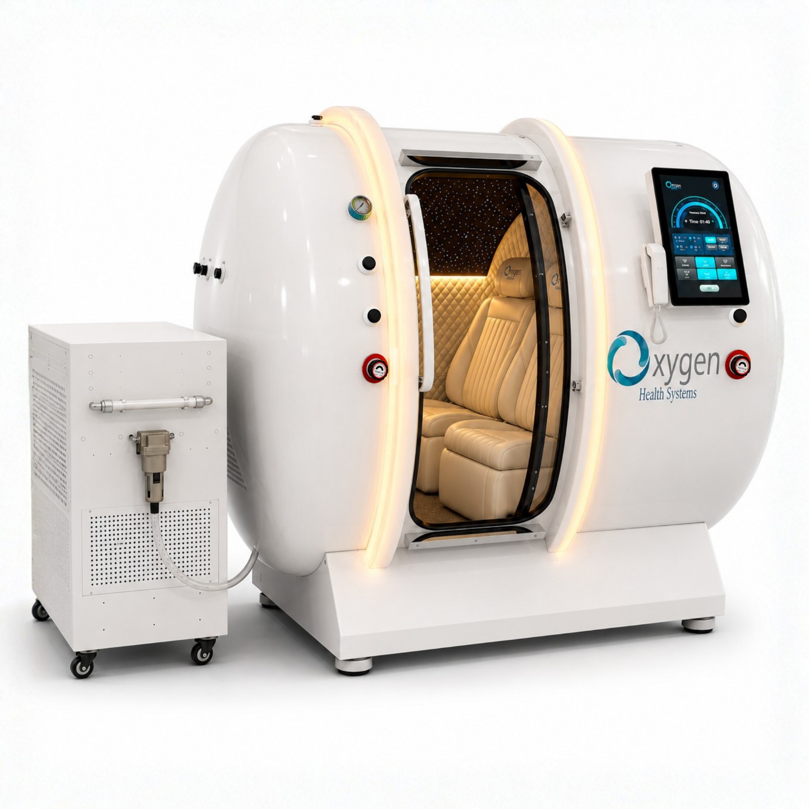 Oxygen Health Systems M5502 white hyperbaric chamber with warm LED accents, a cream leather interior, and its filtration unit