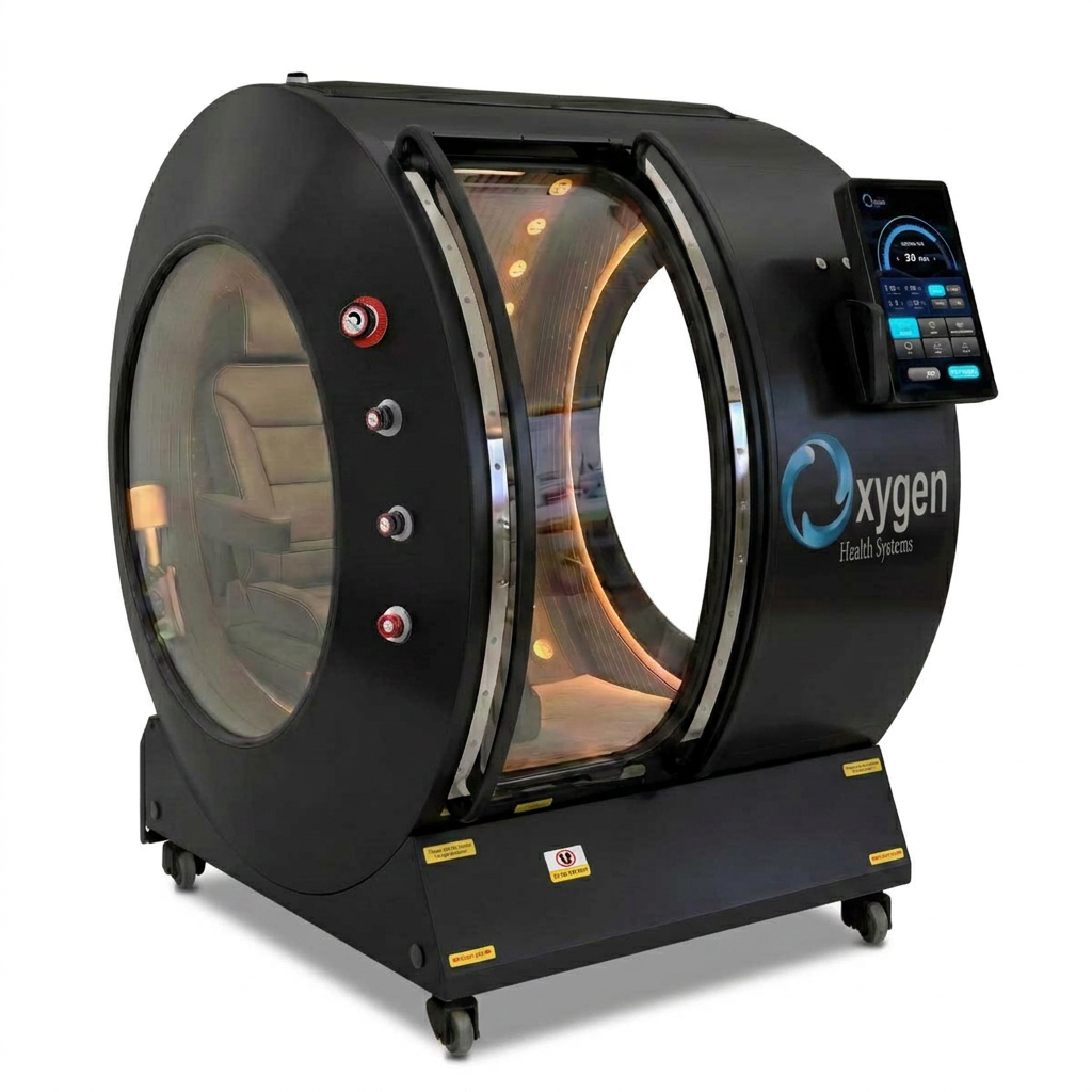 Oxygen Health Systems VitalSphere matte-black hyperbaric chamber with a circular viewing window and warm-lit leather interior