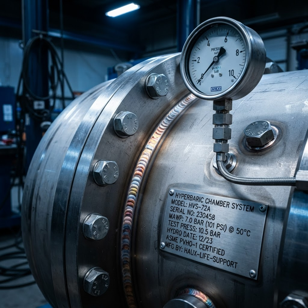 Close-up of a certified stainless steel pressure vessel showing welded seams, a bolted flange, a rating stamp plate, and a pressure gauge